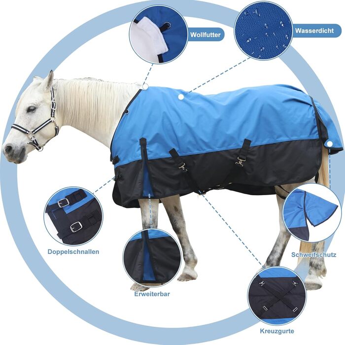Водонепроникна попона-дожник для коней 1200D, дихаюча легка накидка без наповнювача (0г), чорно-синя, 165 см