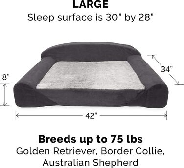 Ортопедичне собаче ліжко Furhaven для великих та середніх собак знімний, пральний чохол та двостороннє пінополіуретанове подушка, для собак до 34 кг – Luxury Edition з штучного хутра та замші – L 86 x B 107 x H 33 см, сірий колір (Luxury Edition з штучног