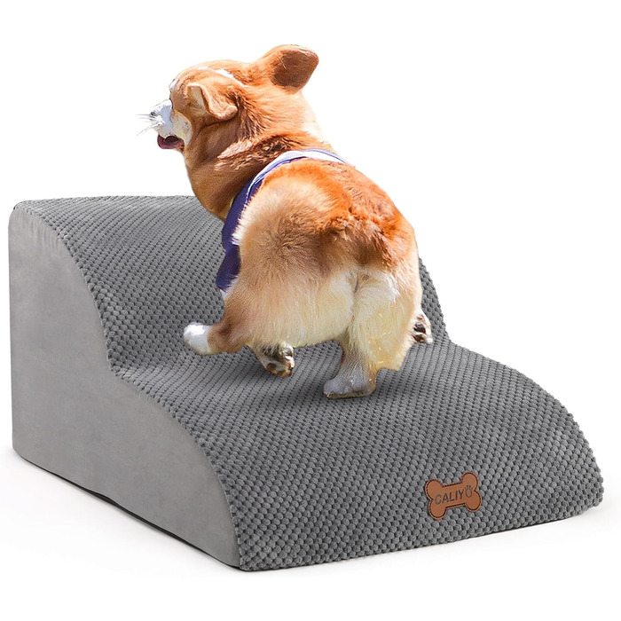 Сходинки для собак Caliyo: 3 сходинки, для маленьких собак, з високощільним губчатим матеріалом, знімний та миючий чохол, неслизьке дно (60 x 40 x 40 см, сірий)