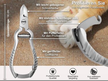 Професійний триммер для кігтів собак та котів Kraftvolle Krallenschneider з нержавіючої сталі, 14 см, з амортизуючою пружиною та блокуванням