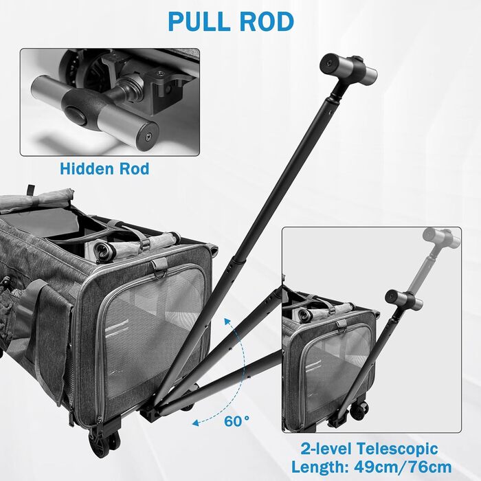 Транспортна переноска для котів та собак на 20 кг з 2 відділеннями, колесами та телескопічним ручками (сіра)