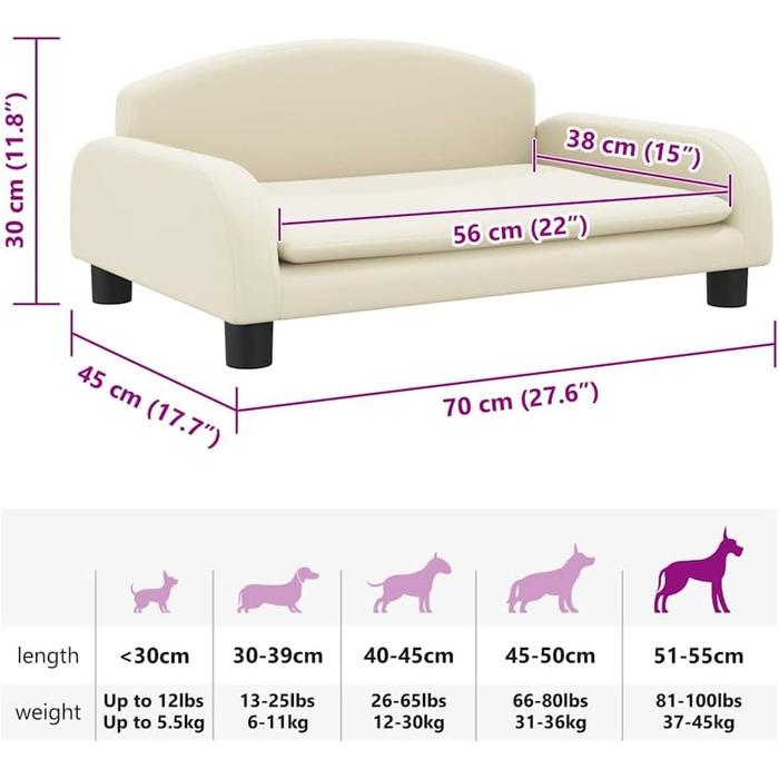 Крісло-ліжко для собак, м'яке ліжко для тварин, диванчик для маленьких собак та котів, штучна шкіра, 70 x 45 x 30 см, кремовий колір