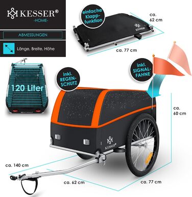 KESSER® Причіп для велосипеда вантажний, 120 літрів, оранжевий/антрацитовий, з дахом та функцією складання