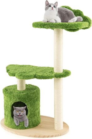 Кігтеточка для котів GYMAX 97 см з печерею, 3-ярусна, з сизалю, з платформою, дерев'яна основа, для дому