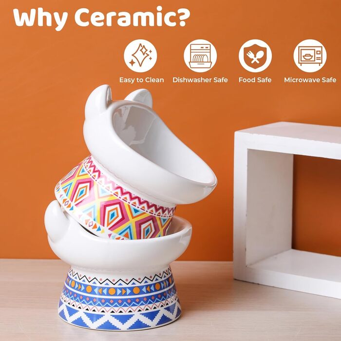 Котло propositions для котів TIGOADT: керамічна годівниця з підставкою, широка та нахилена, проти блювоти, для кошенят та дорослих котів (блакитно-білий візерунок, візерунок Бохо)