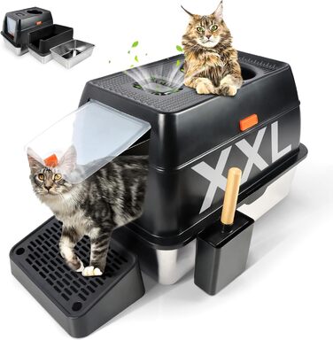 Великий закритий туалет для котів Kalolary XXL з нержавіючої сталі з кришкою, знімний бортик, проти протікань, легко мити, чорний, вхід зверху