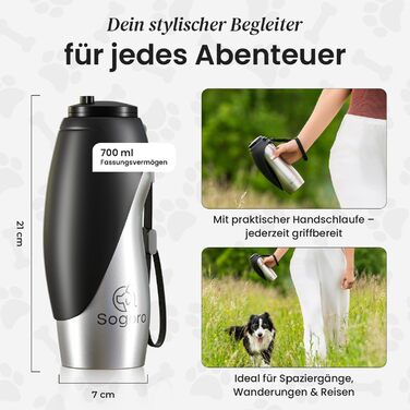 Водяна пляшка для собак Sogoro 700 мл - не протікає, з нержавіючої сталі - портативна, для всіх порід