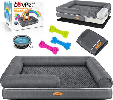 Ортопедичне ліжко-матрац для собак Lovpet Relax, комплект: миска + 3 жувальні кістки, диван-лежак для малих, середніх і великих собак, знімний і праний чохол, 91x71x22 см, антрацит