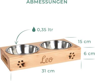 Кормушка для котів LAUBLUST з іменним гравіюванням - Натуральне дерево | 31x15x6 см - 2 миски з нержавіючої сталі (0,35л кожна) | Підвищена годівниця для котів | Сріблясті миски для котів