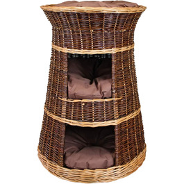 Корзина для котів для сну – котяча хатинка для дому – розмір 43 x 49 x 70 см, кругла – котяча печера з лози, трирівневе ліжко для собак або котів з пральними подушками в бежевому кольорі – лакована корзина (коричневі подушки)