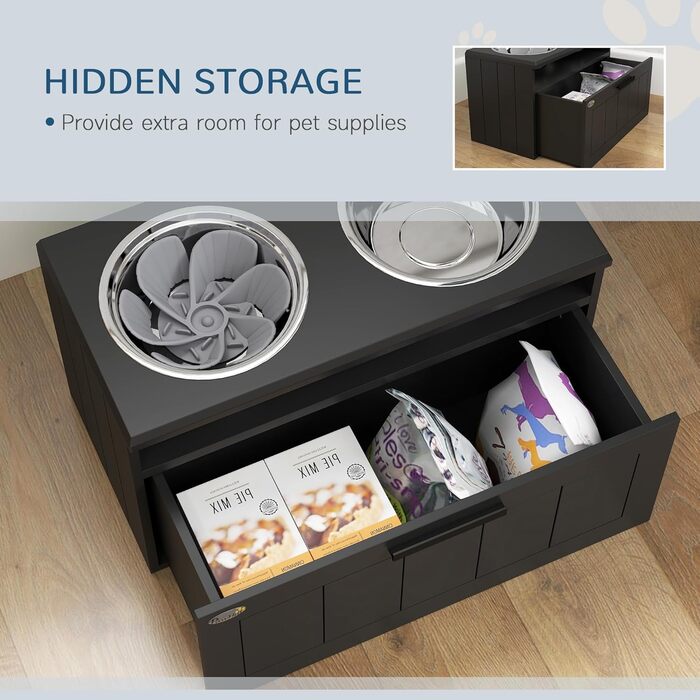 Станція годування для собак PawHut з піднятою мискою, повільною годівницею та 2 мисками з нержавіючої сталі, ящик для зберігання 25л, для великих та екстра-великих собак, білий (чорний)