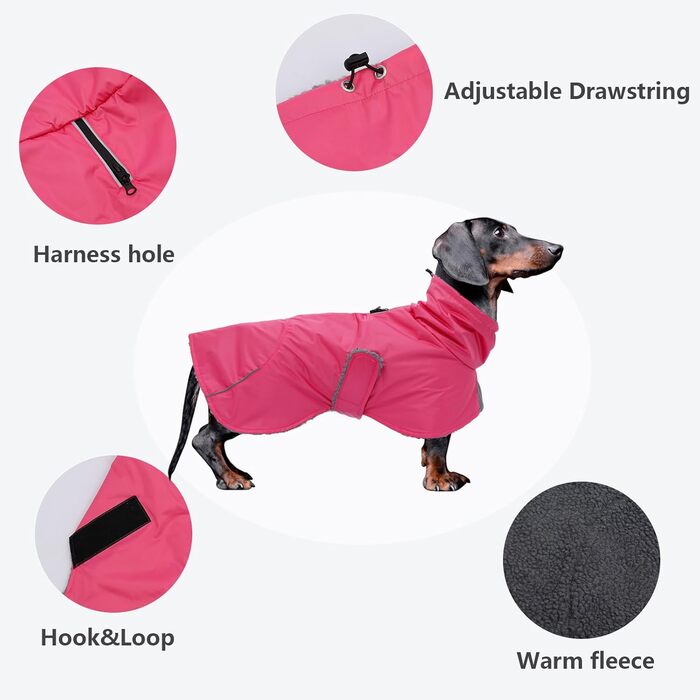 Водонепроникна зимова куртка для собак MOREZI з флісовою підкладкою, з регульованим поясом та світловідбиваючими елементами, для такс та схожих порід - Рожева S (довжина спини: 34-37 см)
