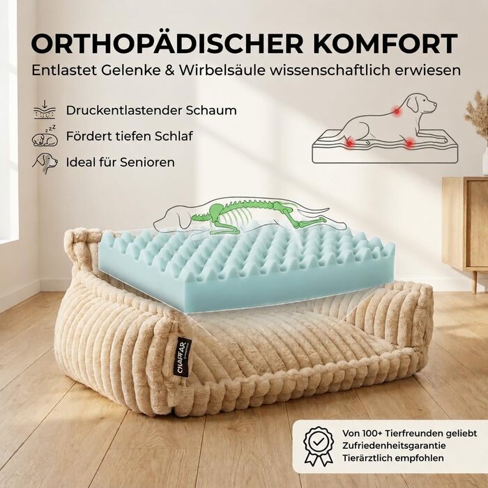 Собачий диван Chaffar XL (120 см) - ортопедичний лежак для собак, колір вугілля, сучасний дизайн з велюровою оббивкою