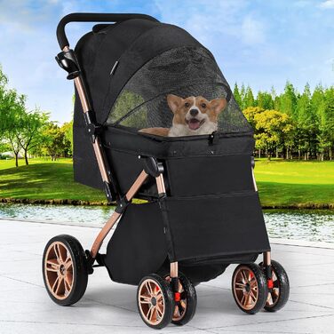Візок для собак та котів YITAHOME, чорний, до 22 кг, складна конструкція, з сумкою, подушкою, сітковими вікнами та кошиком для зберігання