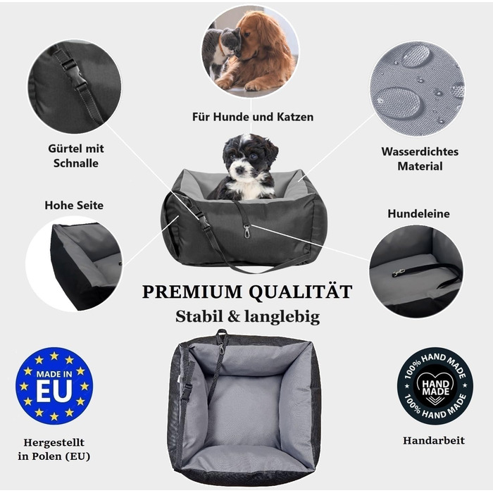 KING DOG Автокрісло для собак до 8 кг. Транспортна переноска для автомобіля з кріпленням на ремінь безпеки та м'яким килимком. Складається, легко миється. Підходить для SUV та легкових автомобілів (55 x 55 см, чорно-сірий)