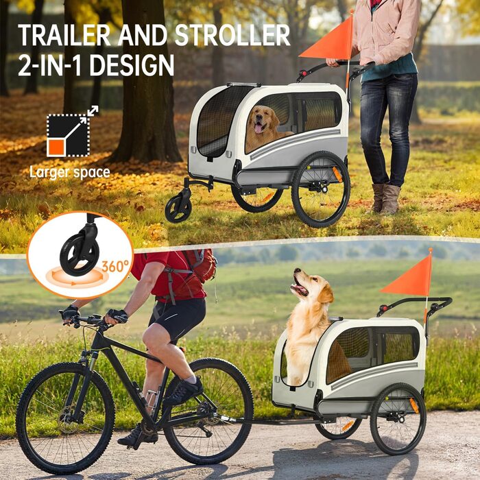 Фаррадний причіп 2-в-1 XXL для собак, складний з дахом, відбивачі та світловідбиваючі смуги, універсальний з'єднувач, регульована ручка-телескопічна (сірий/білий)