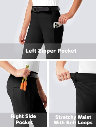Дитячі штани для їзди верхи FitsT4 - спортивні рейтузи для дівчаток, повний силіконовий наповнювач, рейкові штани, літні штани з 2 бічними кишенями та петлями для ременя, чорний колір, розмір L