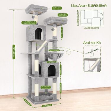 Комплекс для котів Globlazer з будиночками, лежаками та когтеточками, 189 см, сірий (XXL)