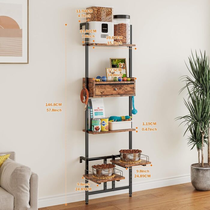 Підвищена годівниця для собак LitaiL з місцем для зберігання та двома антиковзними килимками, для великих собак, регульована висота, кріплення на стіну, колір вінтажний коричневий