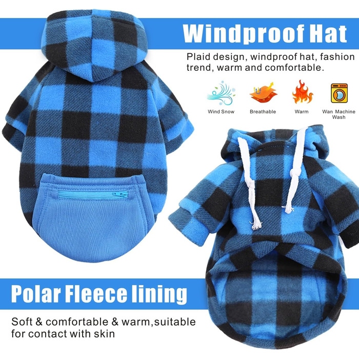 Теплий зимовий пуловер для собак з капюшоном, в клітинку, з кишенею на блискавці, розміри S-5XL, чорно-синій, бавовна