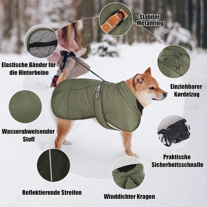 Зимовий одяг для собак FeimaX: теплий, вітронепроникний зимовий одяг для середніх та великих собак. Відображаючий, регульований жилет для тварин з кільцем D (зелений, 6XL)