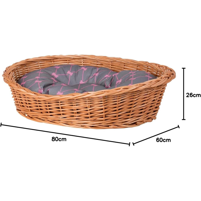 Корзина для тварин з плетіння лози, 80x60x26 см, сірий колір. Підходить для собак та котів. Корзина для домашніх тварин з м'яким вкладишем.