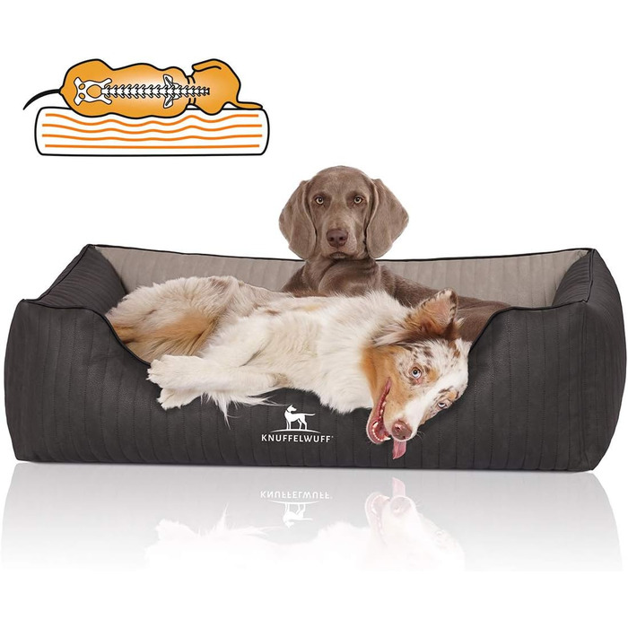 Ортопедичне собаче ліжко Knuffelwuff Outback XXL з лазерного стежчастого штучного шкіряного покриття, 120 x 85 см, чорний/сірий. Знімний чохол, легко мити, підходить для великих, середніх та маленьких собак. Розміри: 120 x 85 x 25 см
