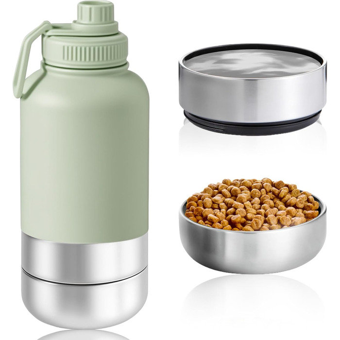 Турбопенал для собак на 950 мл – ізольована сталева фляга для води та миска для їжі, портативна фляга для собак без BPA, для подорожей, прогулянок та активного відпочинку (зелений колір, L)