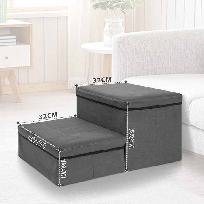 Сходинка для тварин OUUTMEE на 2 сходинки, складана, з місцем для зберігання, сірого кольору. Підходить для собак, котів, літніх тварин. Максимальне навантаження: 30 кг.