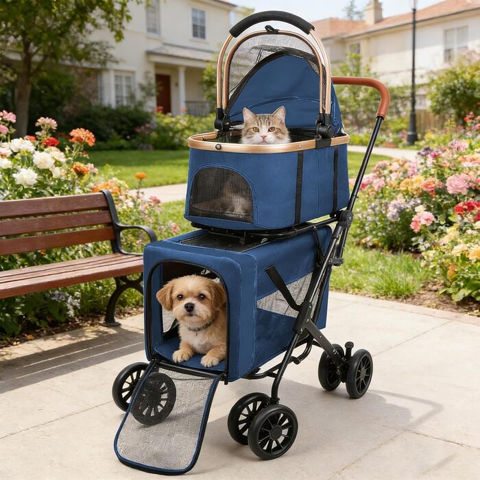 Візок для тварин, бугі для собак та котів, складний, блакитний. Матеріал: дихаюче сіткоподібне полотно + водовідштовхувальне оксфордське полотно 300D. Макс. вага: 20 кг.