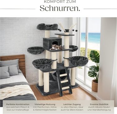 Дерев'яний комплекс для котів Tectake XXL, 195 см, з гамаком, сходами, печерею та когтеточками з сизалю, сірий/білий | 403327