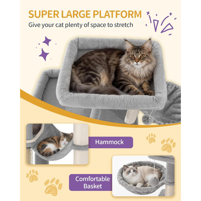 Комплекс для котів Hzuaneri Kratzbaum 213 см XXL: Дряпка-стовпчик, будиночок, платформа, лежак для Maine Coon (Світло-сірий)