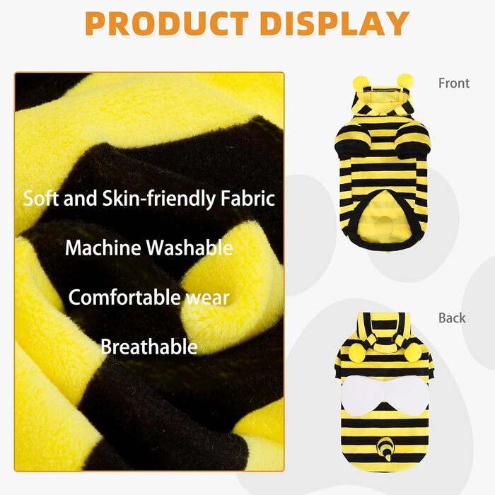Костюм для собак Kooltail, Бджола, Теплий пуловер з капюшоном, Костюм для домашніх тварин, Cosplay, Тепла куртка з отвором для повідка, Жовта бджола, Розмір Medium