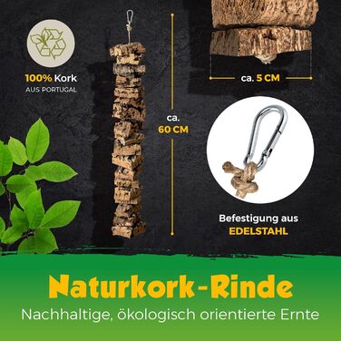 Натуральна іграшка для птахів з коркової шкіри, 60 см | Екологічний матеріал, безпечна для птахів