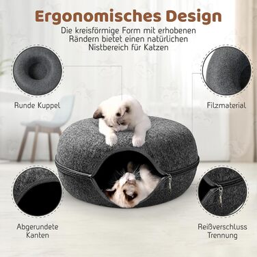 Лежак-донат PAWSAGE XXL для котів, 60x60x28 см, темно-сірий, м'який антистресовий тунель-будиночок для котів, флісовий затишний кошик
