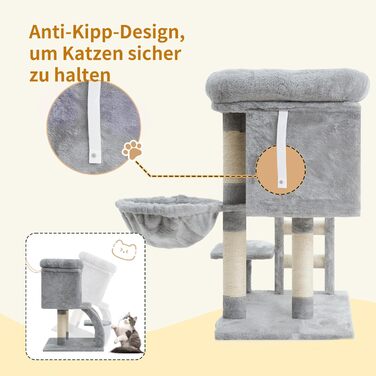 Кігтеточка Heybly Kratzbaum 75 см: кігтеточка-вежа з платформою, будиночком, гамаком, драбиною та іграшками для котів, сірий колір, HCT009SM