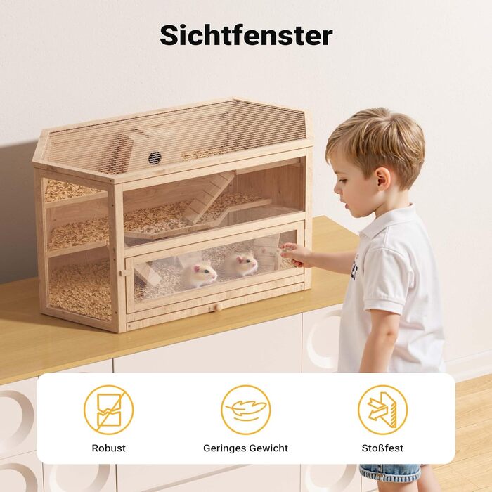 Клітка для тварин Wiltec 3-ярусна, 600x400x800 мм, дерев'яна, з відкидним дахом та оглядовим вікном, для мишей, хом'яків (116x60x59 см)