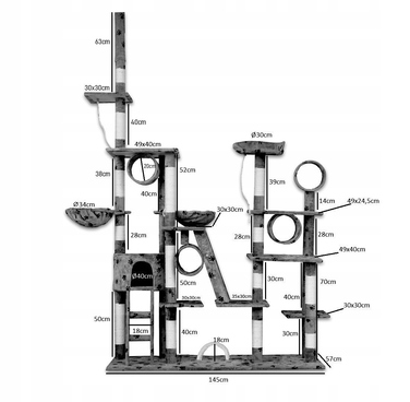 Величезний ігровий комплекс для котів XXL (255 см) — Дряпалка-вежа з гамаком, тунелем та будиночком, бежевий