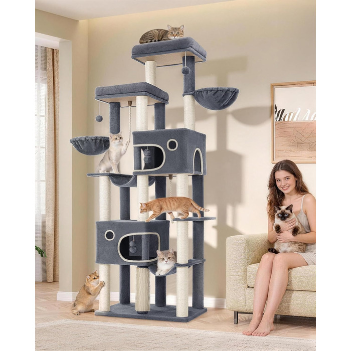 Комплекс для котів Hzuaneri Kratzbaum 213 см XXL: Дряпка-стовпчик, будиночок, платформа, гойдалка для Maine Coon (темно-сірий)