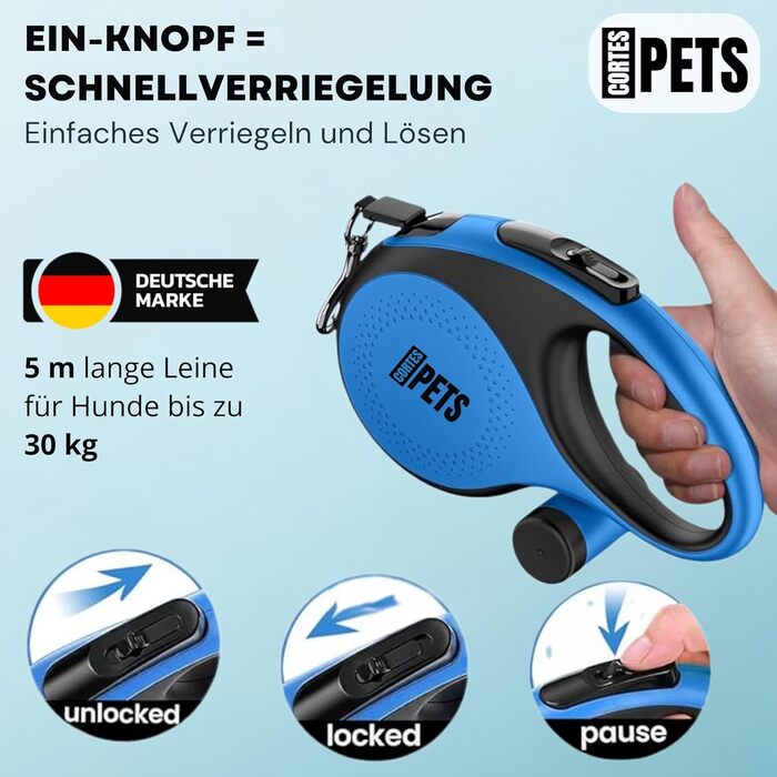 Висувна поводок для собак CORTESPETS® 5 м (до 30 кг) - зручний надійний поводок для малих та великих собак, блакитний