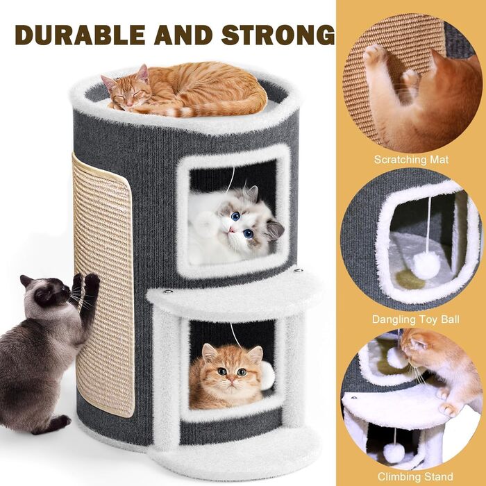 Двоповерхова кімната-будиночок для котів з когтеточкою, платформа та іграшкою, 60x40x40 см / 40x40x60 см