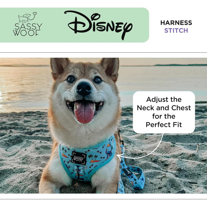 Регульована шлейка для собак Sassy Woof Disney Stitch S, дихаюча сітка, не тягне, подвійний D-кільце, патентований дизайн, для маленьких собак та цуценят, офіційна