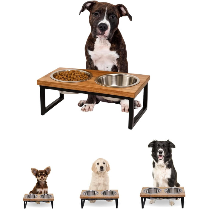 Підвищений дерев'яний стійка для собак AASPIRE PETS з 2 нержавіючими мисками – для води та корму, об'єм 0,9 л, годівниця для собак середніх порід
