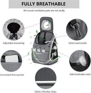 PETCUTE Рюкзак для собак і котів, переноска для тварин, рюкзак для подорожей, піших прогулянок та кемпінгу (темно-сірий)