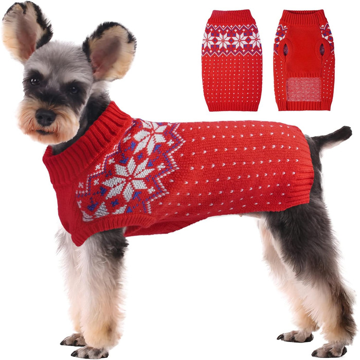 Вовняний пуловер для собак та котів Kuoser: теплий зимовий одяг з візерунком сніжинок для маленьких та середніх порід, червоний колір, XS