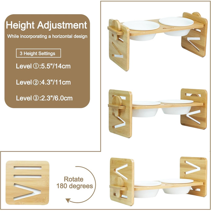 Підставка для корму для собак та котів, регульована висота, керамічна миска з бамбуковим підставкою, нахилена платформа для котів та маленьких собак (40*16)
