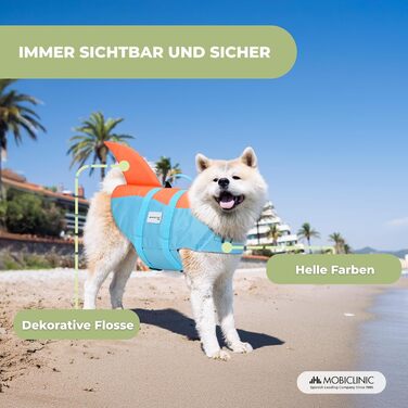 Obiclinic® Sharky: рятувальний жилет для собак з регульованою шлейкою, високою плавучістю та дизайном у стилі акули (блакитний та помаранчевий)