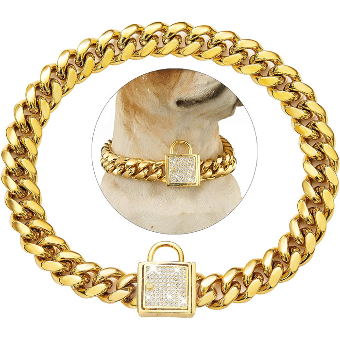 Стильний нашийник для собак Cuban Link, золотистий, з цирконієвою застібкою, ширина 14 мм, довжина 35,6 см