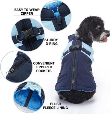 Зимовий теплий пуховик для собак Waerdichter Outdoor, для малих та середніх собак, з світловідбиваючими смугами та отвором для повідка (BLAU, S)