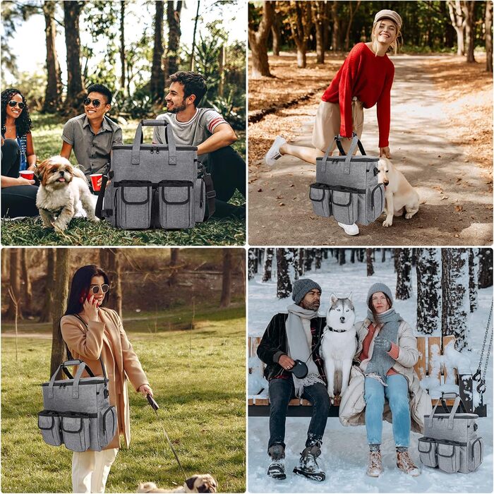 Сумка-переноска для собак Modoker, схвалена авіакомпаніями, органайзер для домашніх тварин з плечовим ременем, 2 контейнери для корму для собак, 2 складні миски для собак, темно-сірий